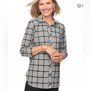 Talbots pencil plaid button front shirt black/white/metallic  thread Large NWT